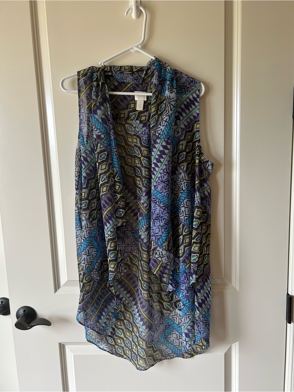 Chico's Sleeveless Draped  open lightweight cardigan in Blue, Purple & Green